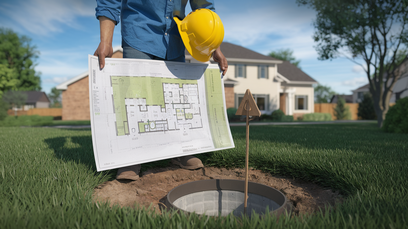 Property owner reviewing a site plan to locate septic tank